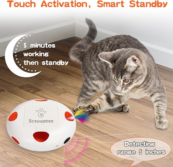 Scsuupoee Interactive Cat Toy, Electric Cat Toys for Moving Concealed Feathers, Smart Sensor 7 Holes Whack a Mole Feather Toy, USB Charge Automatic Kitten Christmas Toys,White