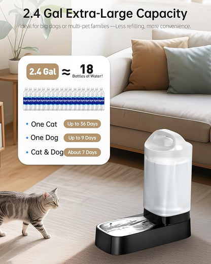 Automatic Dog Water Bowl Dispenser with Filter - 2.4 Gal Large Gravity Auto Pet Water Feeder Waterer with Stainless Steel Bowl & Easy Carry Handle for Large Dog Cat Multi Pet Use