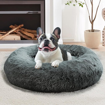 JOLLYVOGUE Calming Dog Bed Large Size Dog, Anti-Anxiety Donut Large Pet Bed, 36 inches Fluffy Faux Fur Round Cat Bed, Fits up to 75 lbs Pets (Navy Grey)
