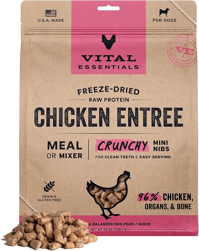 Vital Essentials Freeze-Dried Raw Dog Food, Chicken Crunchy Mini Nibs | Complete Meal or Mixer | High Protein Dog Food | 25 oz