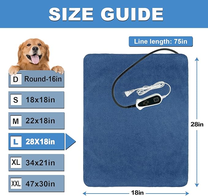 Bestio Dog Heating Pad,28×18 in Heated Dog Bed with Constant Heat & Auto Modes，MET&UL Certified Pet Heating Pad with Soothing Warmth,Chew-Resistant Cord,Waterproof Washable Cover- Blue