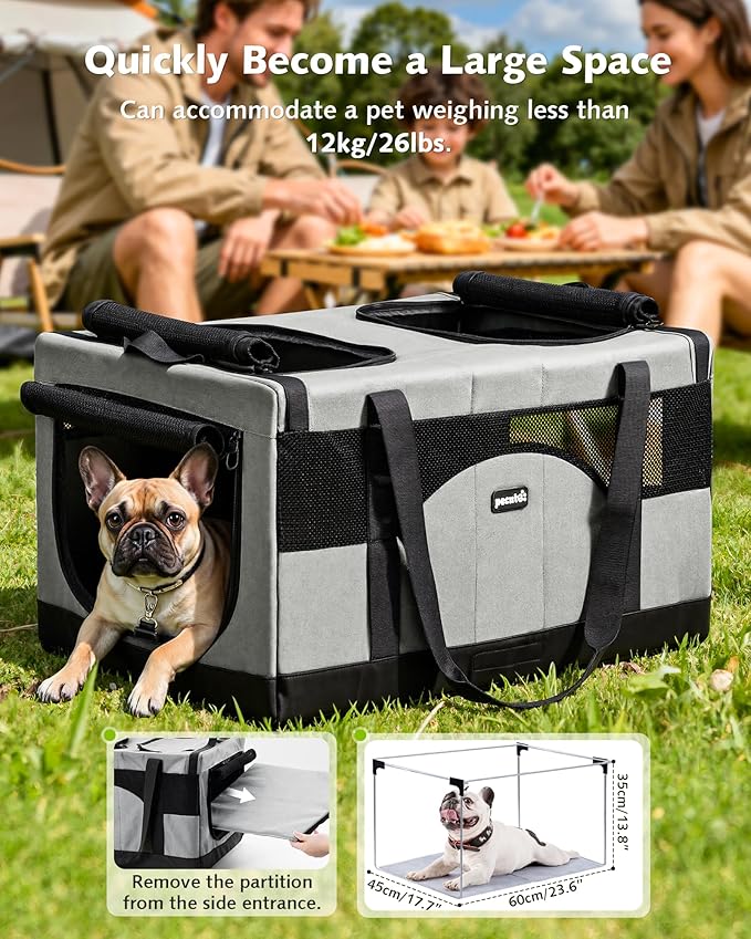 Pecute Large Cat Carrier for 2 Cats Built-in Steel Frame & Removable Divider,Pet Carrier for Car Travel,Foldable Dog Crate,Soft Double Cat Crate with Breathable Mesh,Vet,Gray