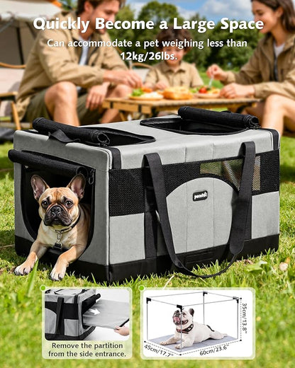 Pecute Large Cat Carrier for 2 Cats Built-in Steel Frame & Removable Divider,Pet Carrier for Car Travel,Foldable Dog Crate,Soft Double Cat Crate with Breathable Mesh,Vet,Gray