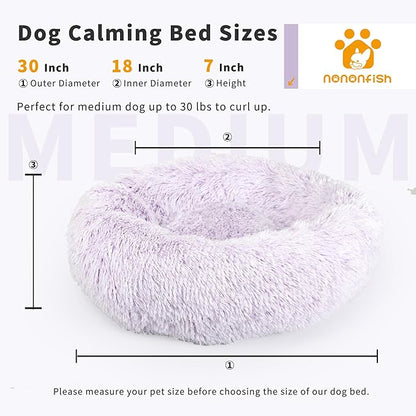 Calming Dog Bed for Medium Dogs Washable Donut 30 inches Anti-Slip Pet Bed,Round Fluffy Plush Faux Fur Cat Bed,Fits up to 45 lbs Pets,Gradient Purple