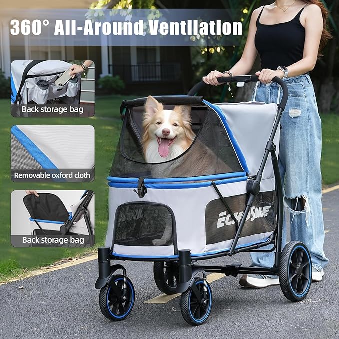 EchoSmile Dog Stroller for Large Dogs, 135lbs Weight Extra Large Pet Stroller, 4 Wheels Cats & Dogs Carrier with Brakes, Breathable Mesh Windows & Pocket, Blue