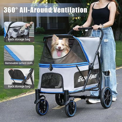 EchoSmile Dog Stroller for Large Dogs, 135lbs Weight Extra Large Pet Stroller, 4 Wheels Cats & Dogs Carrier with Brakes, Breathable Mesh Windows & Pocket, Blue