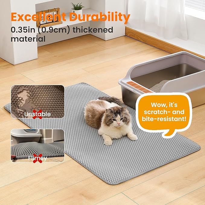 Petinstinct Jumbo Cat Litter Mat, 46x26 Inches Double Layer Honeycomb Litter Trapping Mat, Non Slip Waterproof Urine Proof Extra Large Cat Litter Box Mat, Kitten Supplies and Essentials, XXL, Gray
