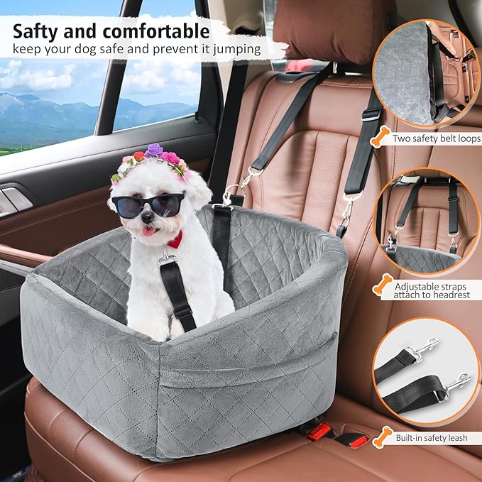 NEEZUKAR Dog Car Seat for Small Dogs,Detachable Washable Dog Booster Seat for Medium Dogs Under 30lbs, Pet Car Seat Travel Bed with Storage Pockets and Dog Safety Belt (Grey)