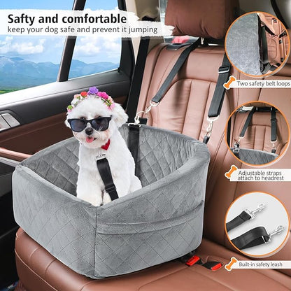 NEEZUKAR Dog Car Seat for Small Dogs,Detachable Washable Dog Booster Seat for Medium Dogs Under 30lbs, Pet Car Seat Travel Bed with Storage Pockets and Dog Safety Belt (Grey)