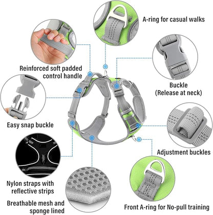 Plutus Pet No Pull Dog Harness, Release at Neck, Reflective Adjustable Dog Vest Harness, Easy Control Handle for Walking, for Small Medium Large Dogs, Green, L