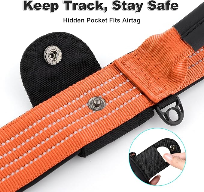 Plutus Pet Tactical Dog Collar with Tracker Pocket for AirTag, Adjustable Reflective Nylon Collar, Metal Buckle, Leather-Wrapped Handle, Soft Padded for Medium Large Dogs (Orange, S)