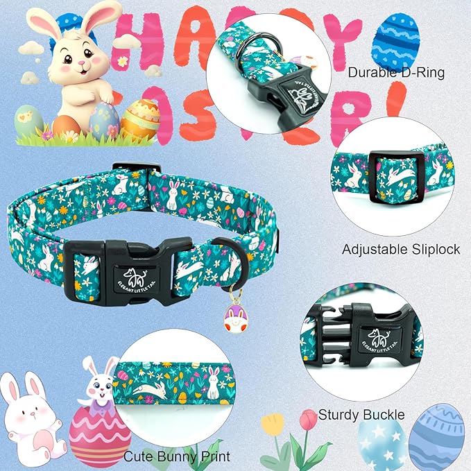 Elegant little tail Easter Dog Collar, Cute Rabbit Pattern Pet Collar Durable Holiday Girl or Boy Adjustable Cotton Pet Collar with Quick Release Buckle for Medium Dogs