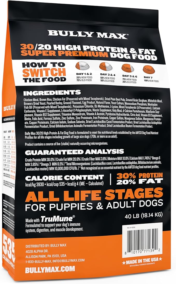 Bully Max Dry Dog Food for Adult & Puppy - High Protein & Fat for Muscle & Weight Gain - High Performance Healthy Dog Food Supplements - Small & Large Breed (535 Calories Per Cup), Chicken, 40 lb. Bag