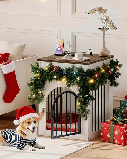 CHOEZON Dog Crate Furniture, Wooden Dog House with Charging Station and Storage Drawer, Indoor Pet Crate End Table for Small Breeds, Dog Kennel for Living Room, Bedroom, White and Walnut MGW01UWL