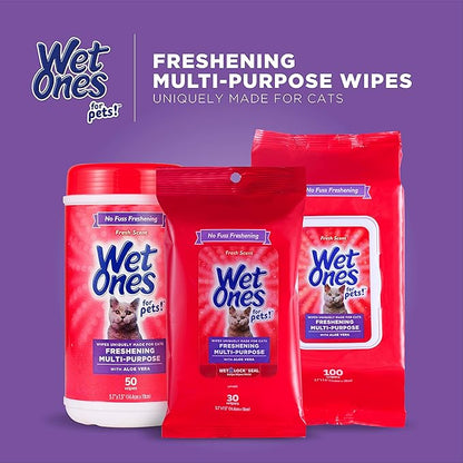 Wet Ones for Pets Freshening Multipurpose Wipes for Cats With Aloe Vera, 100 ct - 3 Pack | Easy to Use Cat Cleaning Wipes, Freshening Cat Grooming Wipes for Pet Grooming in Fresh Scent| Cat Wipes