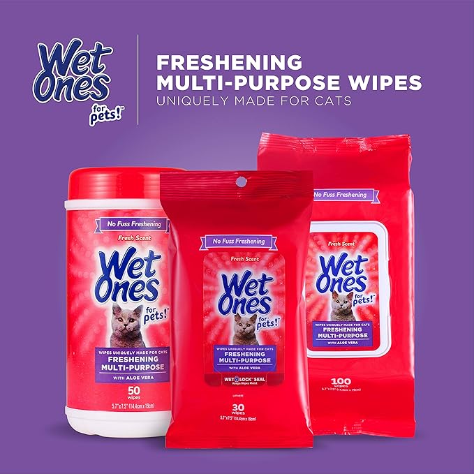 Wet Ones for Pets Freshening Multipurpose Wipes for Cats with Aloe Vera, Fresh Scent - Easy to Use Cat Cleaning Wipes for Pet Grooming, 100 Count