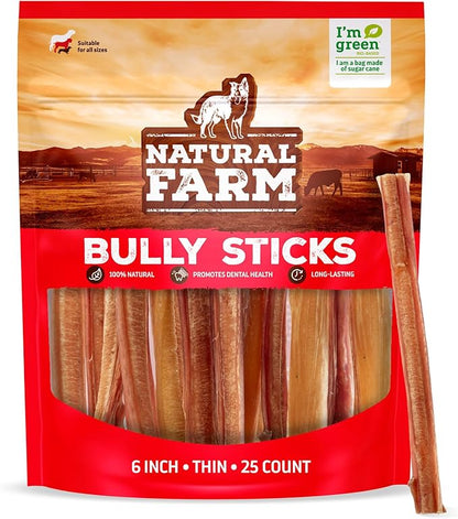 Natural Farm Thin Bully Sticks (6 Inch, 25 Pack), Natural Dog Dental Treats, Grain-Free, Preservative-Free, Low-Fat, & Fully Digestible - Best for Small, Senior or Light Chewers