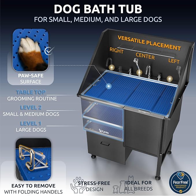 KANIS Professional Dog Washing Station - 304 Stainless Steel Pet Wash Sink & Grooming Bathtub w/Shower, Floor Grates and Storage for Large, Medium & Small Pets (40, Black 1 Drawer - Right RAMP)