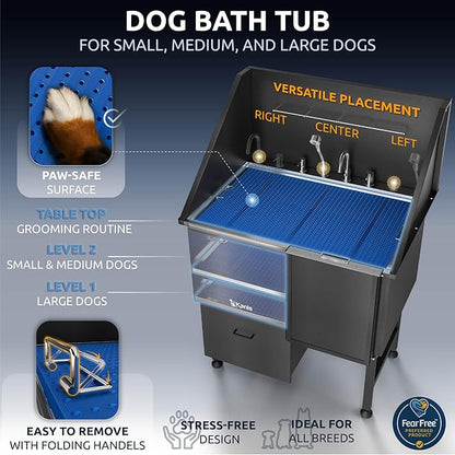 KANIS Professional Dog Washing Station - 304 Stainless Steel Pet Wash Sink & Grooming Bathtub w/Shower, Floor Grates and Storage for Large, Medium & Small Pets (40, Black 1 Drawer - Right RAMP)