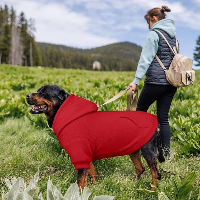 Dog Sweaters for Large Dogs,Dog Hoodie,Warm Fleece Sweatshirt with Hood & Pocket,Leash Hole,Cozy Cold Weather Pet Clothes Sweater Hoodie for Large Dogs(Red,L)