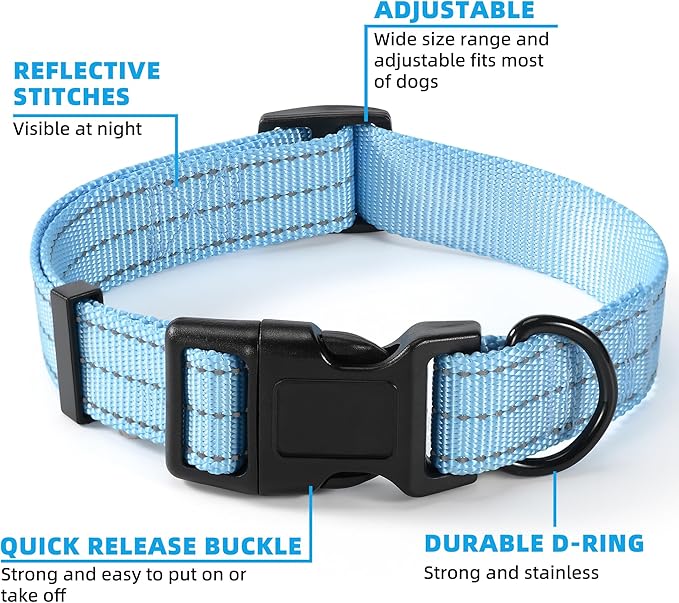 Mile High Life Dog Collar | Nylon Reflective Dog Collars | Light Weight Puppy Collars | Blue Dog Collars for Large Dogs (Solid Blue, Large)