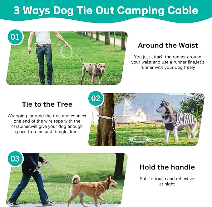 Long Dog Leash Chew Proof, Tie Out Cable for Dogs Heavy Duty 10/20/30/50 ft with Carabiner, Dog Leads for Yard for Medium Large Dogs, Dog Long Leashes with Padded Handle (Grey, 10Ft)