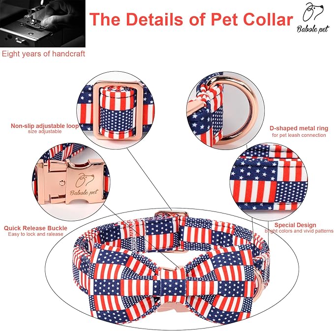 4th of July Dog Collar with Bow Tie - Independence Day Star Flag Bowtie Collar Safety American Flag Patriotic Dog Collars for Small Medium Large Dogs S