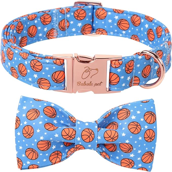 Cute Boy Dog Collar with Bow Tie - Adjustable Blue Basketball Bowtie Collar Spring-Summer Breathable Comfort Dog Collars for Small Medium Large Dogs M