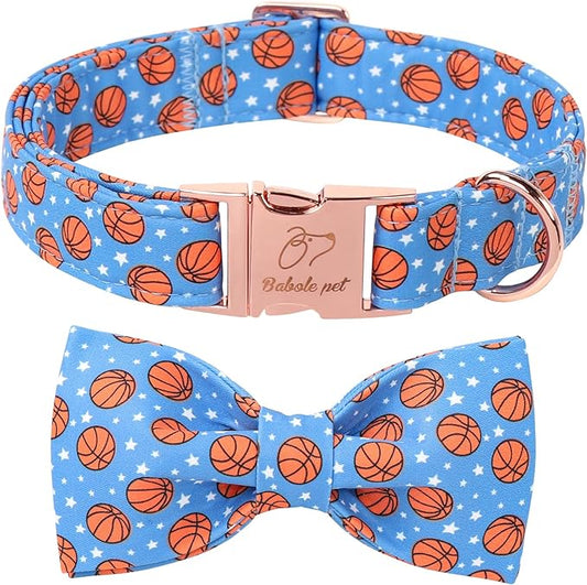 Cute Boy Dog Collar with Bow Tie - Adjustable Blue Basketball Bowtie Collar Spring-Summer Breathable Comfort Dog Collars for Small Medium Large Dogs S