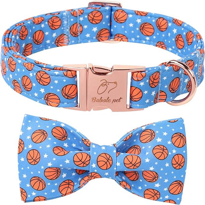 Cute Boy Dog Collar with Bow Tie - Adjustable Blue Basketball Bowtie Collar Spring-Summer Breathable Comfort Dog Collars for Small Medium Large Dogs L