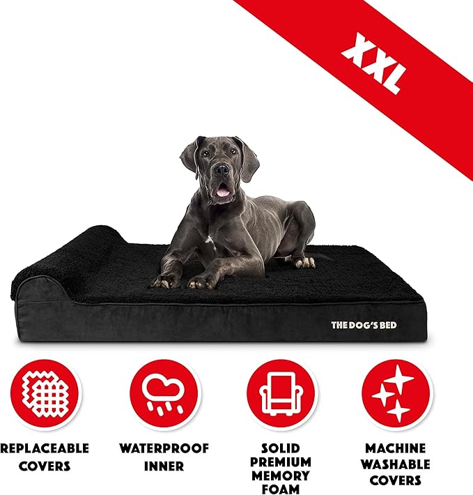 The Dog’s Bed Orthopedic Headrest Dog Bed XXL Black Plush, Memory Foam, Pain Relief for Arthritis, Hip & Elbow Dysplasia, Post Surgery, Lameness, Waterproof Washable Cover, Veterinary Approved