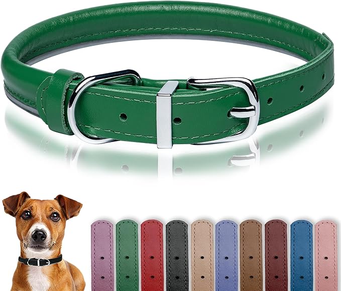 OOPSDOGGY Rolled Leather Dog Collar Reflective Roll Collars for Small Medium Large Dogs Puppy (Green, XL, 17'' - 21'')