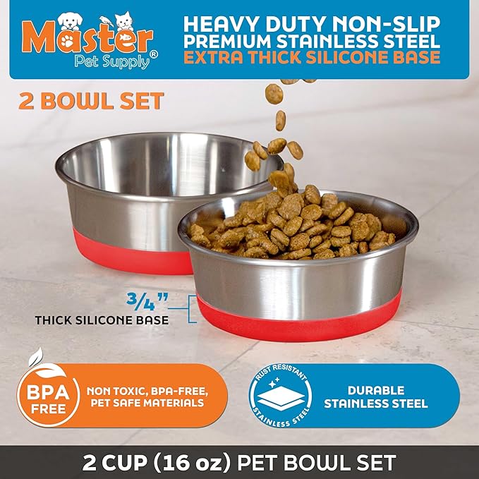 Master Pet Supply Stainless Steel Dog Bowls Set of 2 with Extra Thick Silicone Base - 2 Cup (16 oz) Crimson Red, Non-Slip, Dishwasher Safe Metal Bowls, Pet Dog Food Bowl for Dogs, Cats, Anti Rust