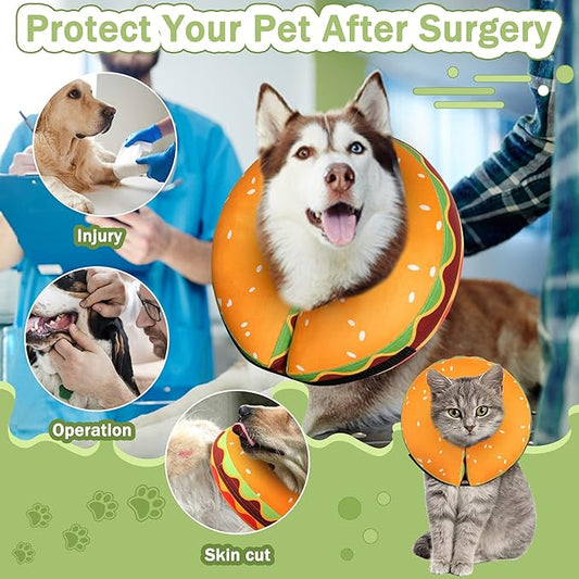 Inflatable Dog Cone Collar for Large Medium Small Dogs, Soft Adjustable Recovery Cone Collar for Dogs Cats,Dog Neck Donut Cone Alternative After Surgery(Hamburger,Medium+