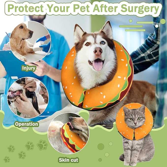 Inflatable Dog Cone Collar for Large Medium Small Dogs, Soft Adjustable Recovery Cone Collar for Dogs Cats,Dog Neck Donut Cone Alternative After Surgery(Hamburger,X-Large