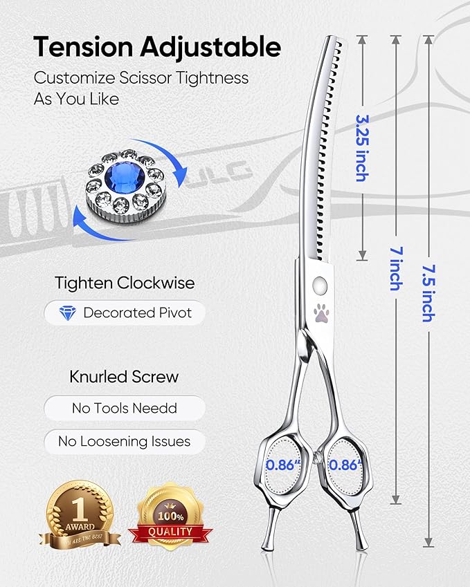 ULG 7.0" Curved Professional Dog Grooming Shears 30-Tooth Precision Thinning (55-60%) Japanese 440C Stainless Steel Adjustable Tension & Universal Left & Right Hand Use