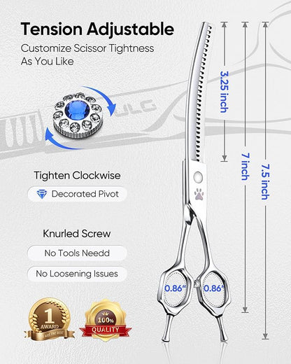 ULG 7.0" Curved Professional Dog Grooming Shears 30-Tooth Precision Thinning (55-60%) Japanese 440C Stainless Steel Adjustable Tension & Universal Left & Right Hand Use