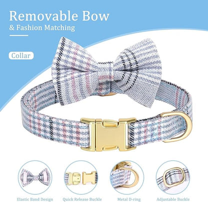 Beirui Cute Extra Small Dog Harness Collar and Leash Set with Bowtie, Soft Adjustable Plaid Puppy Harness for Small Sized Dogs Cats Walks Parties and Photoshoots(Blue,XXS:Chest 12-14")