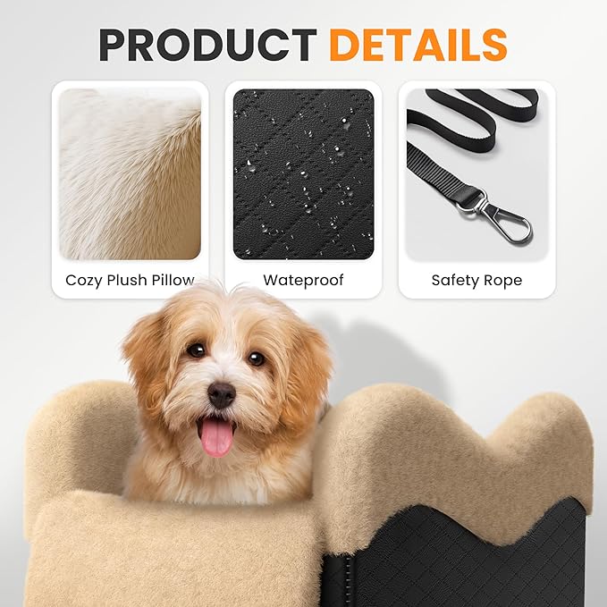 Mavora Max Portable Small Dog Seat for Car, Luxury Center Console Dog Car Seat Booster with Safety Tethers, Anti-Collapse Pet Travel Carseat for SUV, Truck (Black/Brown)