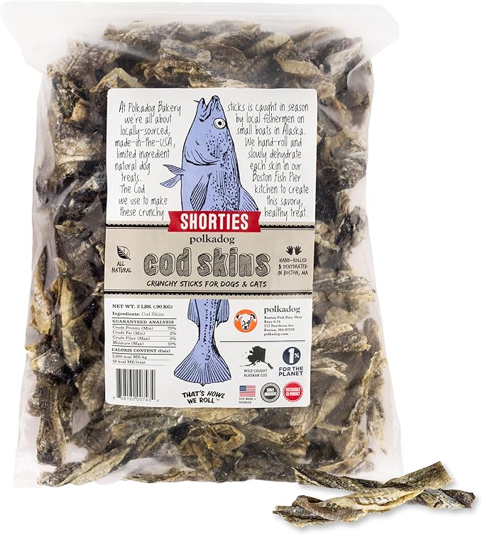 Polkadog Cod Skins for Dogs (2lb Shortie) - Single Ingredient, Wild-Caught Fish Skin Dog Treats for All Breeds – High in Lean Protein & Omega-3. Hypoallergenic, Grain Free. Handcrafted & Made in USA