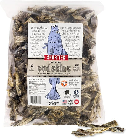 Polkadog Cod Skins for Dogs (2lb Shortie) - Single Ingredient, Wild-Caught Fish Skin Dog Treats for All Breeds – High in Lean Protein & Omega-3. Hypoallergenic, Grain Free. Handcrafted & Made in USA