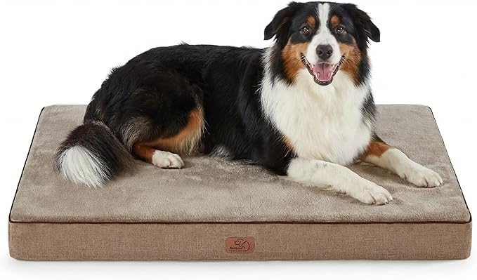 Bedsure Memory Foam Dog Crate Bed for Extra Large Dogs - XL Orthopedic Pet Beds with Removable Washable Cover and Nonskid Bottom - Plush Flannel Fleece Top Pet Mat, Khaki