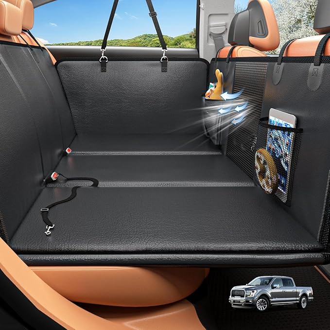HOB4U Back Seat Extender for Dogs, Hard Bottom Dog Car Seat Cover for Truck Back Seat, Upgraded PU Leather Dog Hammock for Car, Waterproof, Anti Scratch, Larger Space,（Holds 400lbs）