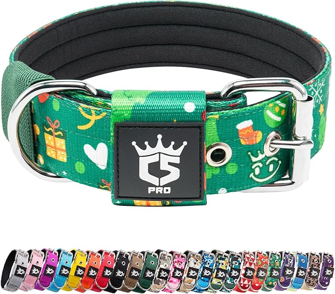 TSPRO Tactical Dog Collar 1.5 Inch Wide Thick Dog Collars with Heavy Duty Metal Buckle, Durable, Strong, Adjustable for Medium to Large Dogs (Christmas Green M)