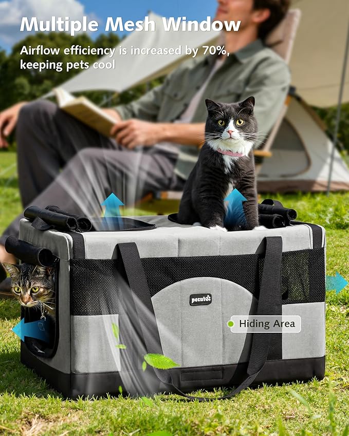Pecute Large Cat Carrier for 2 Cats Built-in Steel Frame & Removable Divider,Pet Carrier for Car Travel,Foldable Dog Crate,Soft Double Cat Crate with Breathable Mesh,Vet,Gray