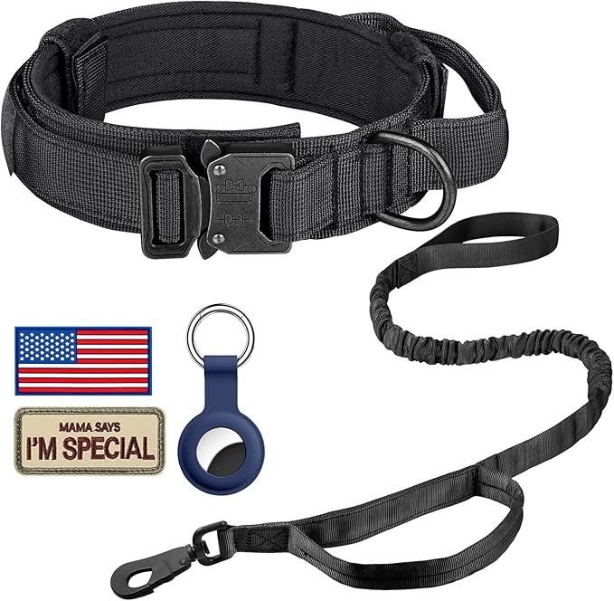 DAGANXI Tactical Dog Collar Leash Set, Adjustable Military Training Nylon Dog Collar with Controll Handle and Heavy Metal Buckle for Medium and Large Dogs，with Patches and Airtags Case (L, Black-Set)