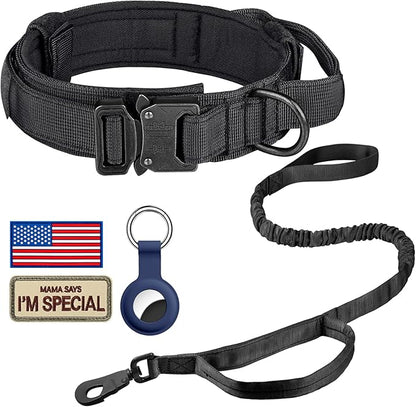 DAGANXI Tactical Dog Collar Leash Set, Adjustable Military Training Nylon Dog Collar with Controll Handle and Heavy Metal Buckle for Medium and Large Dogs，with Patches and Airtags Case (XL, Black-SET)
