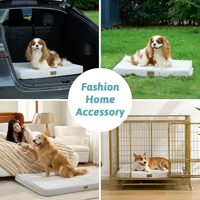 COZY KISS Dog Crate Bed for Large Size Dogs, Rectangular Orthopedic Dog Beds, Foam Anti-Slip Bottom Pet Mat with Washable Removable Cover, Suitable for Pet Up to 75 lbs, 36x27x3 inch, Grey