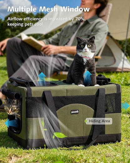 Pecute Large Cat Carrier for 2 Cats Built-in Steel Frame & Removable Divider,Pet Carrier for Car Travel,Foldable Dog Crate,Soft Double Cat Crate with Breathable Mesh,Vet,Green