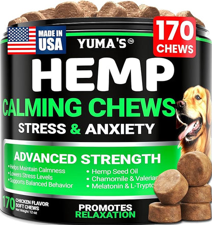 Hemp Calming Chews for Dogs - Advanced Dog Calming Chews - 170 Chews - Anxiety Relief Treats - Separation Aid, Barking, Stress Relief, Thunderstorms - Melatonin - Hemp Oil - Made in USA